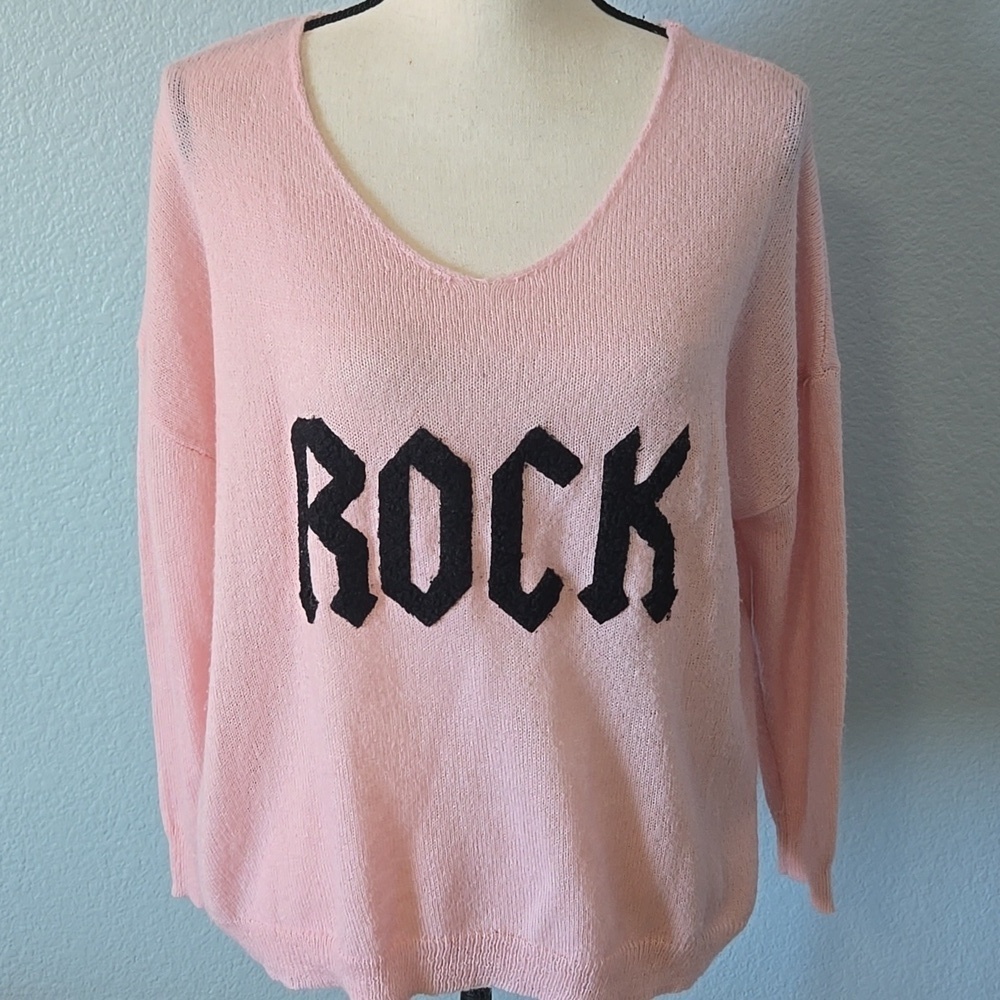 ELAN Rock Graphic Oversized Sweater Pink W/ Black Lettering Size Small